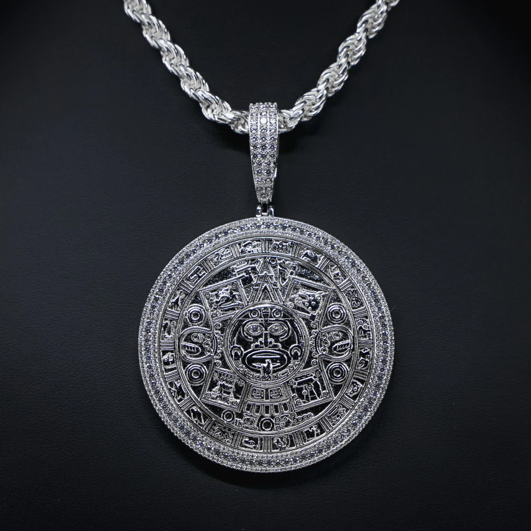 Big Moissanite Iced Aztec Calendar Pendant - 925 Silver