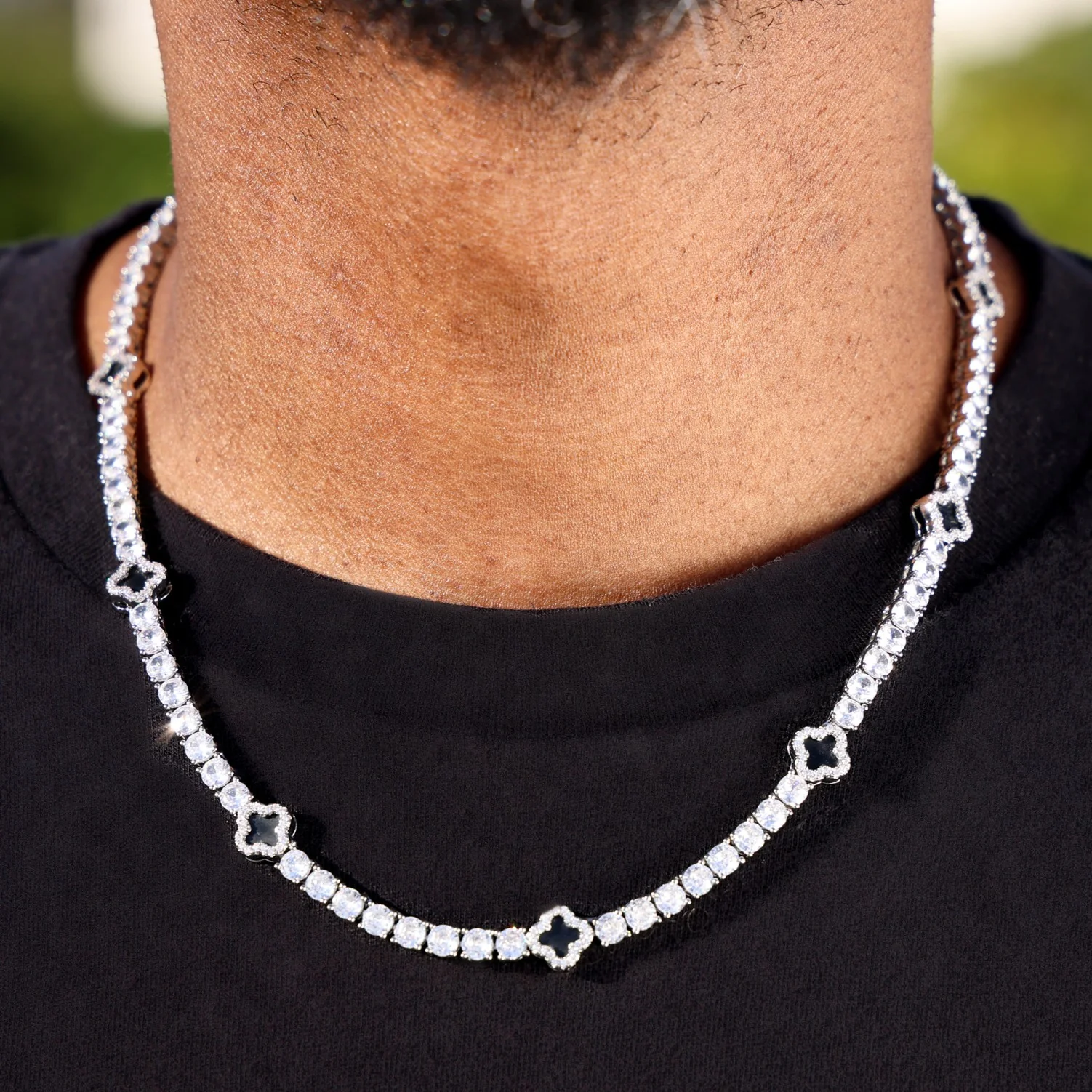 4mm Black Clover Tennis Chain - White Gold - Image 2