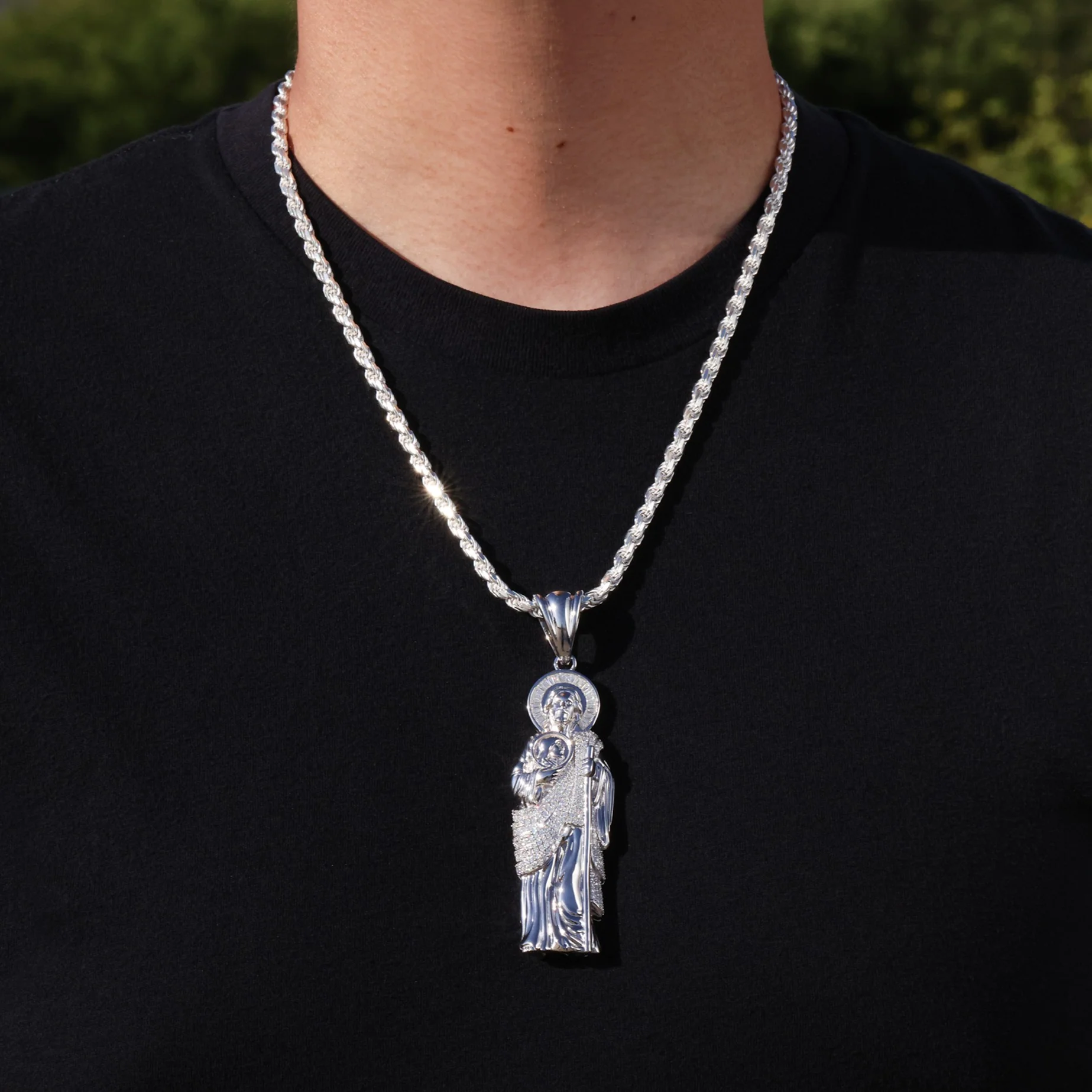 Iced Big Moissanite San Judas Pendant - 925 Silver - Image 2