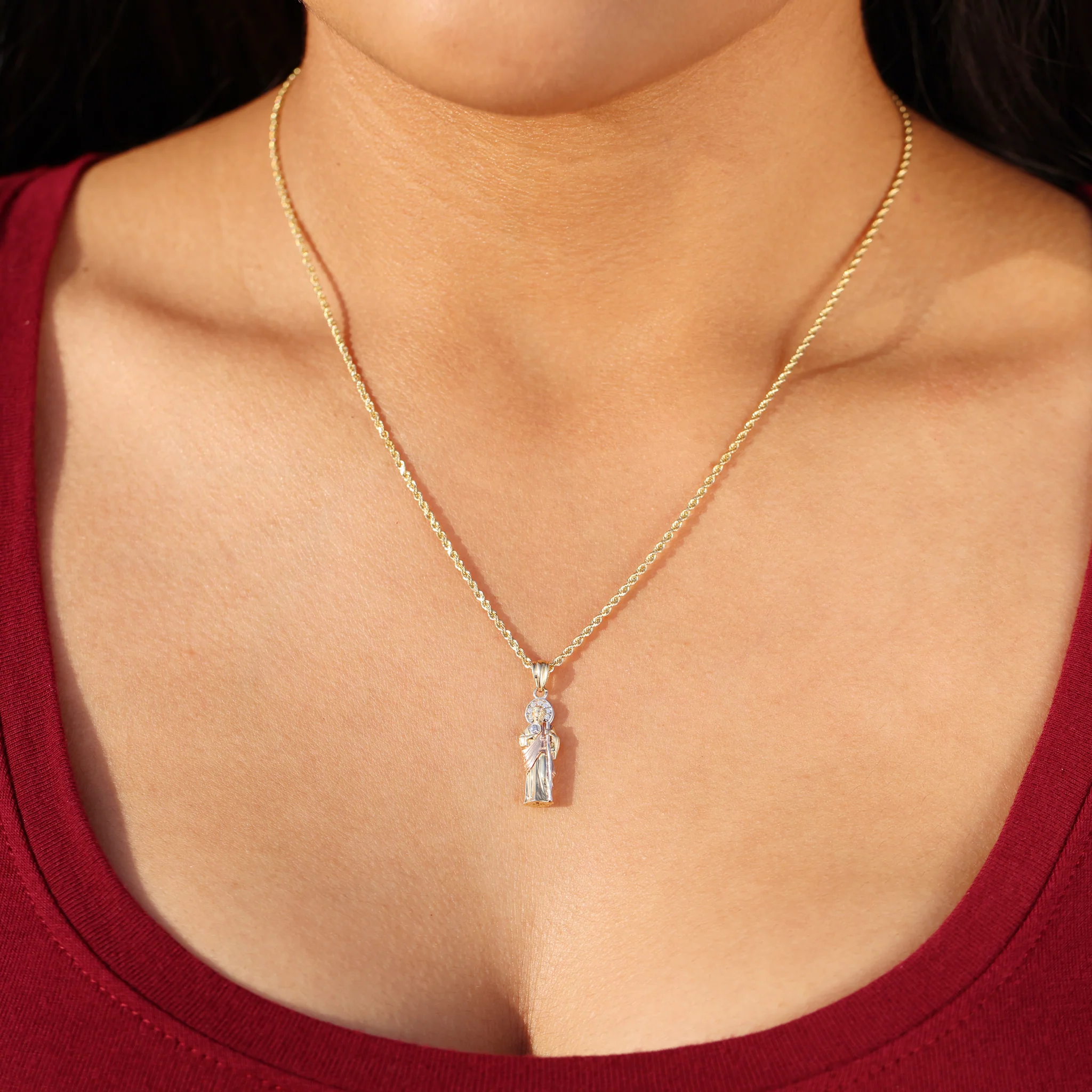 Small 3D San Judas 3 - Tone Pendant - 14k Gold - Image 4