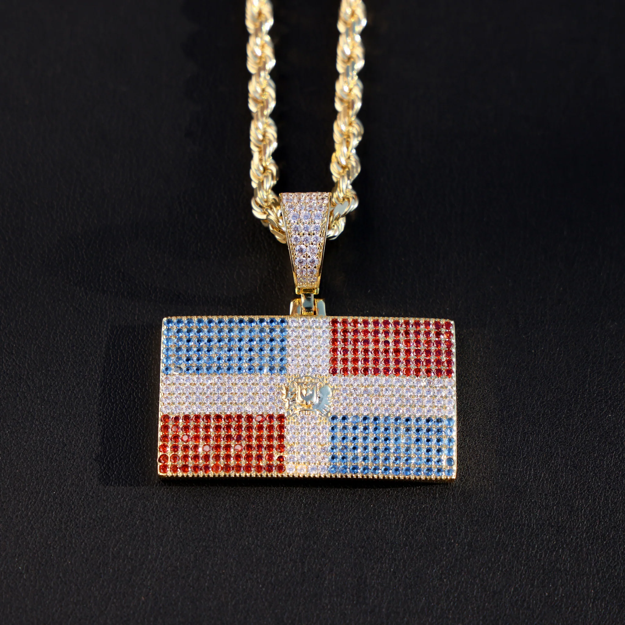 Iced out Dominican Republic Flag Pendant - Gold - Image 3
