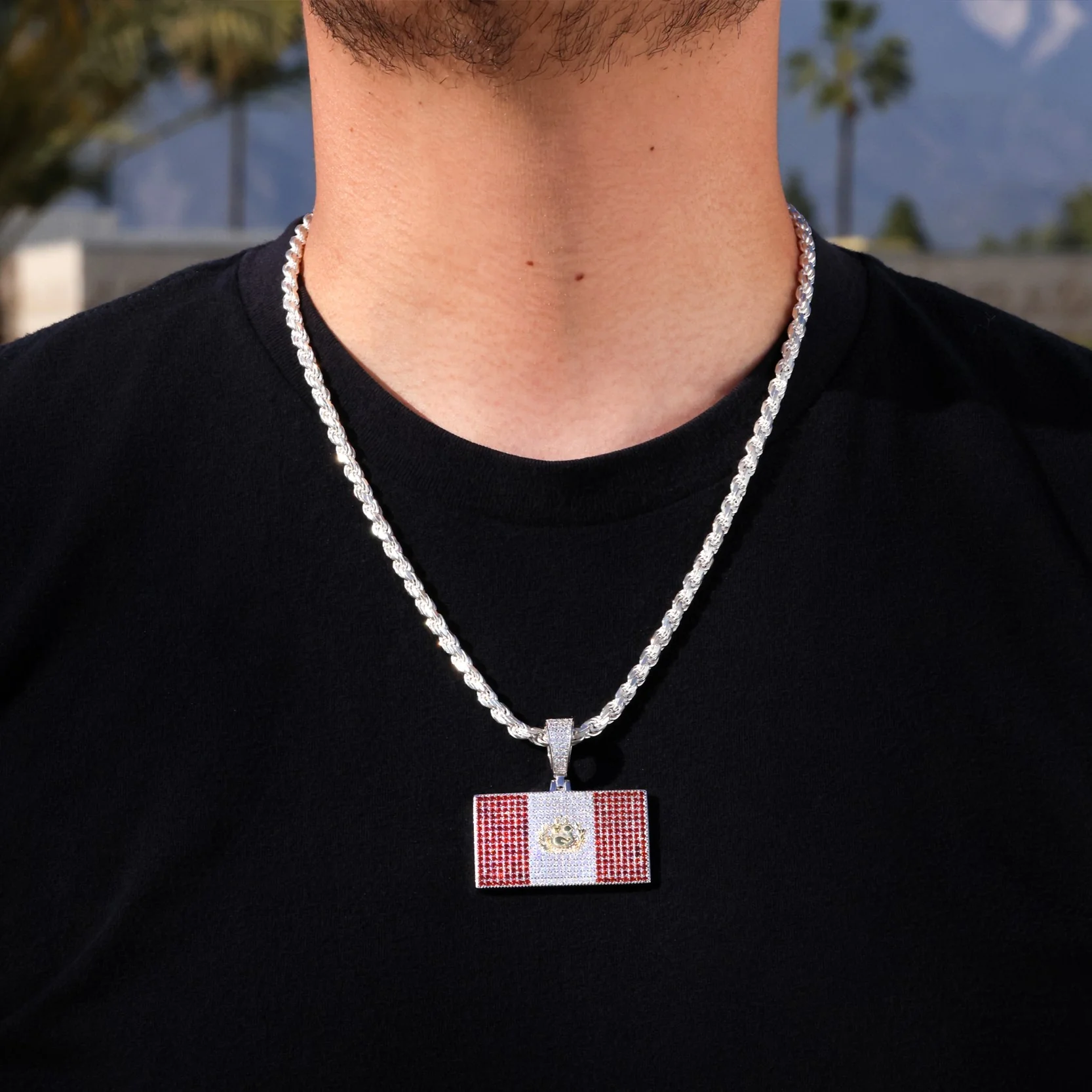 Iced Out Peru Flag Pendant - 925 Silver - Image 2